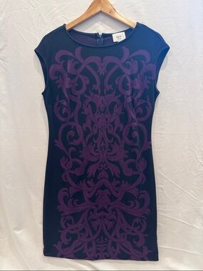ECI Black Sheath Dress with Purple Jacquard Pattern, Size 8